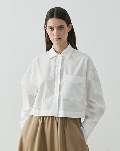Poplin Kısa Crop Cepli Gömlek Ekru 