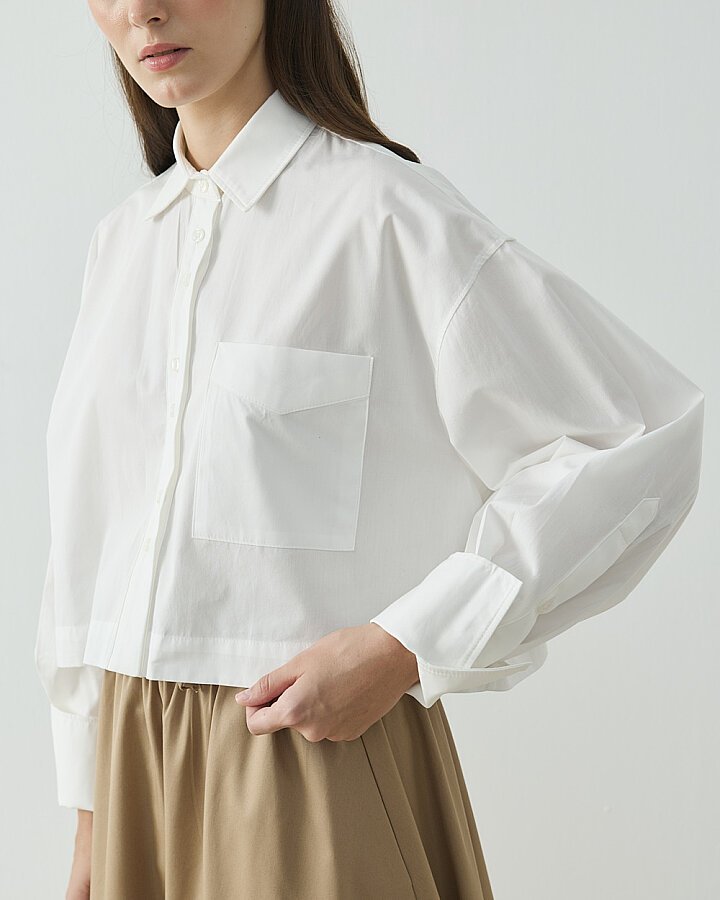 Poplin Kısa Crop Cepli Gömlek Ekru - Aybikestil (1)