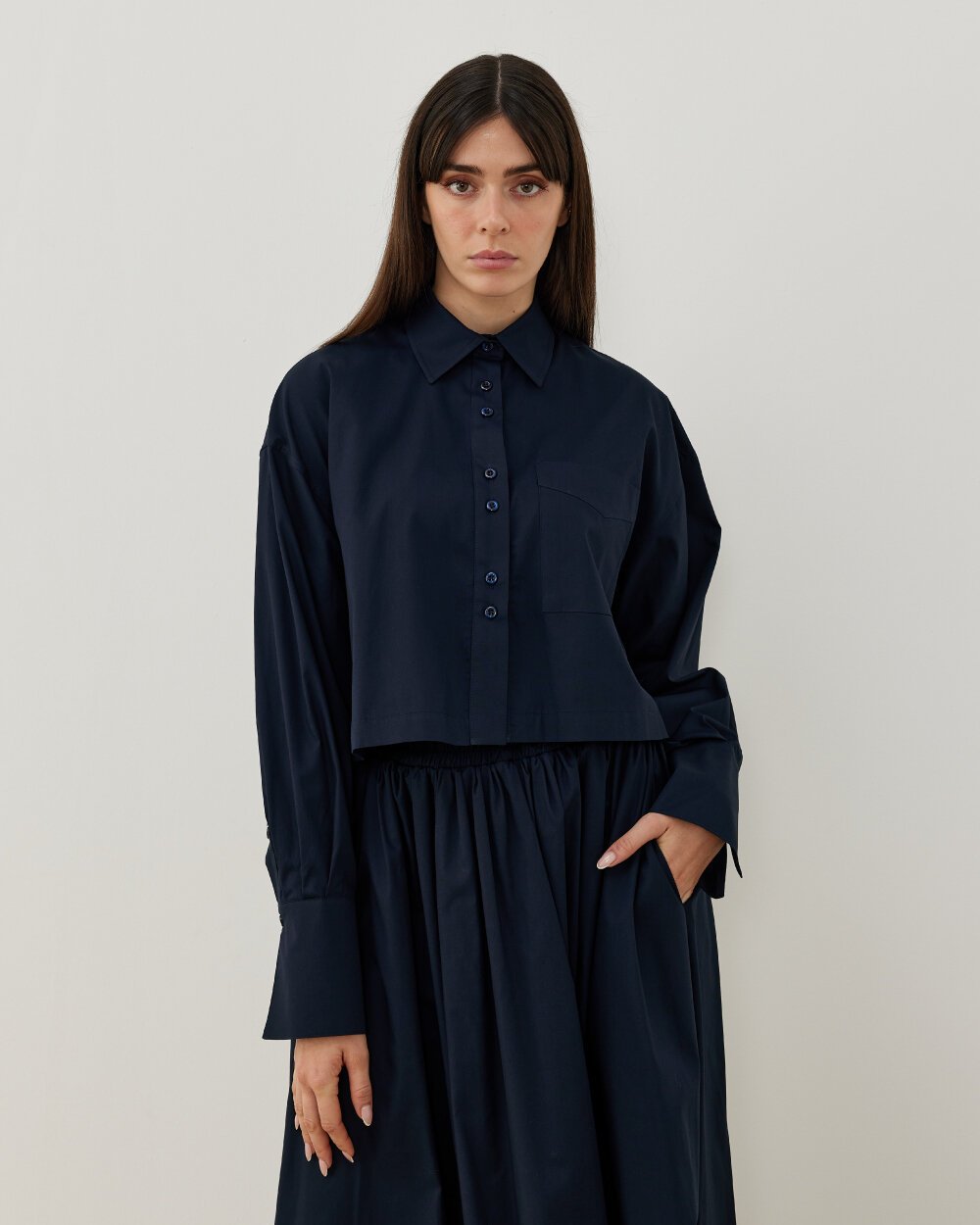 Poplin Kısa Crop Cepli Gömlek Lacivert - Aybikestil