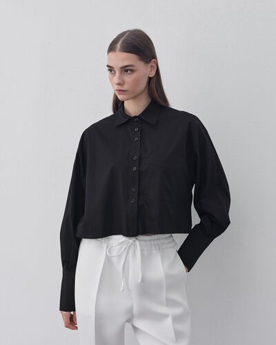Poplin Kısa Crop Cepli Gömlek Siyah 