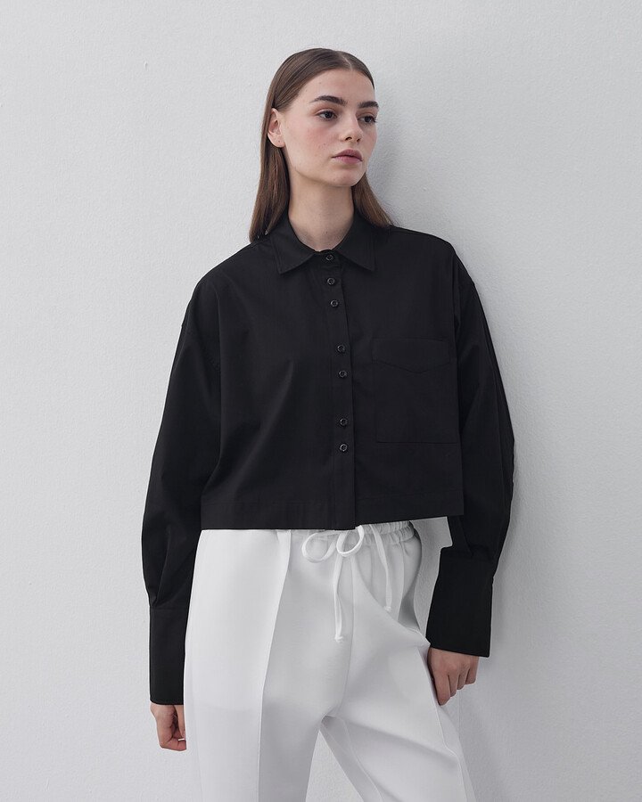 Poplin Kısa Crop Cepli Gömlek Siyah - Aybikestil (1)