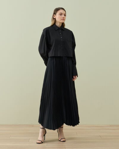 Poplin Kısa Crop Cepli Gömlek Siyah - Aybikestil (1)