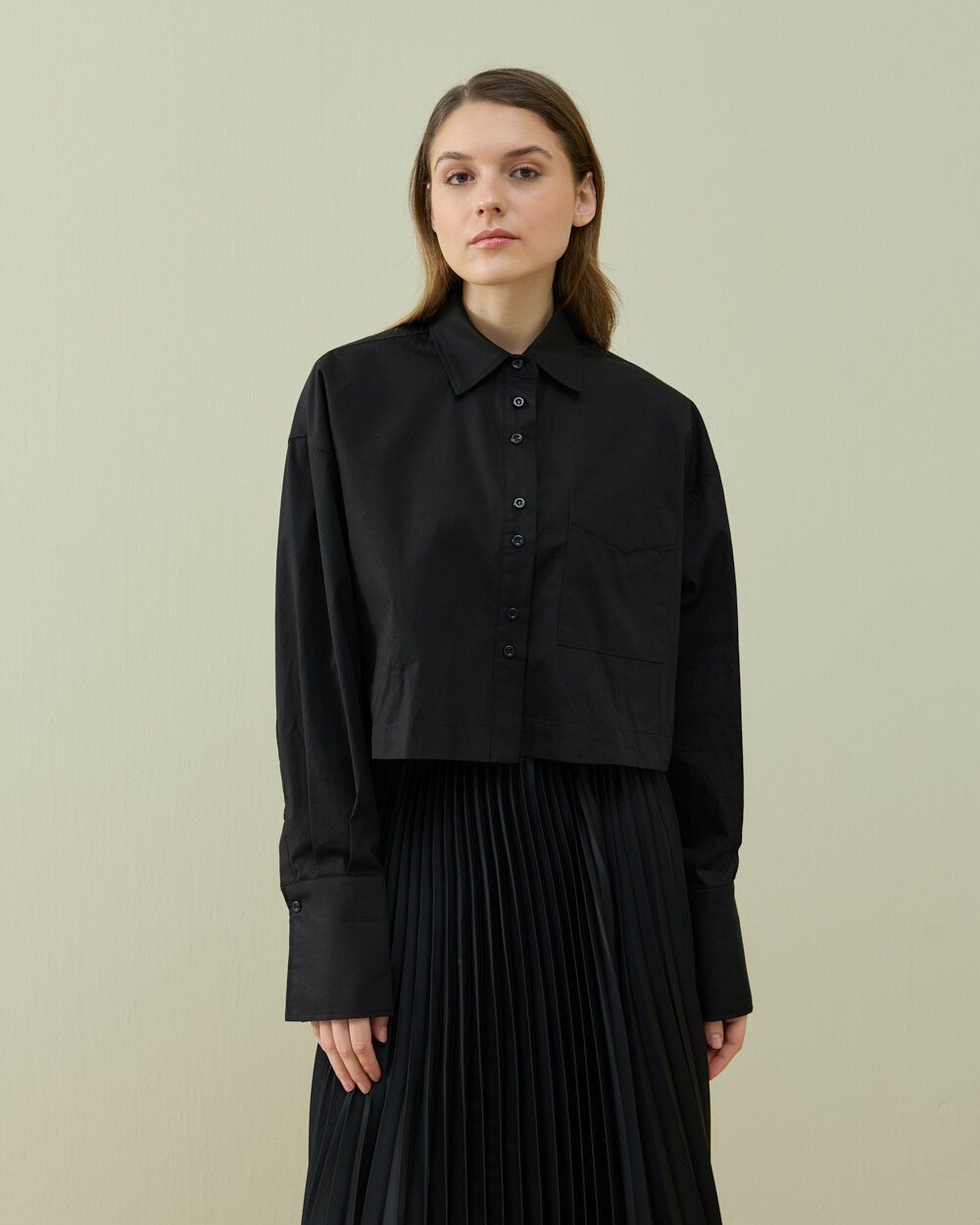 Poplin Kısa Crop Cepli Gömlek Siyah - Aybikestil