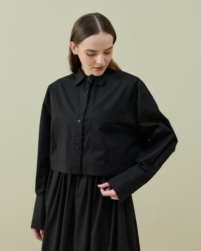 Poplin Kısa Crop Cepli Gömlek Siyah 