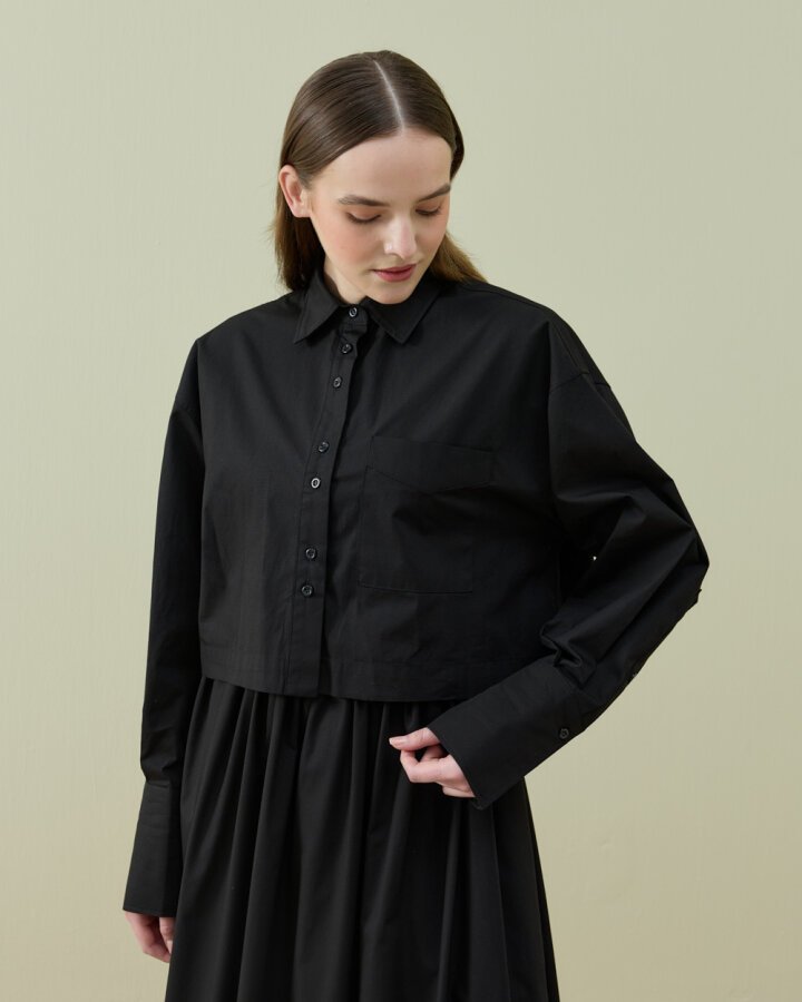 Poplin Kısa Crop Cepli Gömlek Siyah - Aybikestil