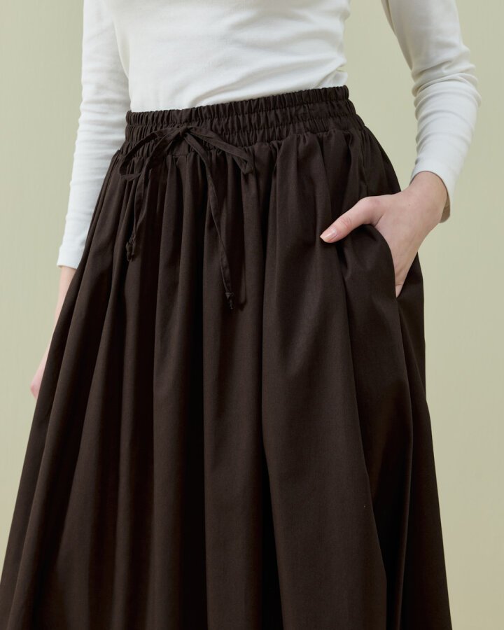Poplin Lastikli Büzmeli Relax Etek Kahve - Aybikestil (1)
