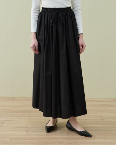 Poplin Lastikli Büzmeli Relax Etek Siyah 