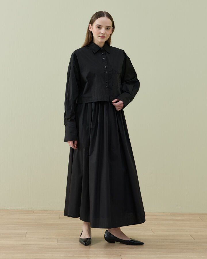 Poplin Lastikli Büzmeli Relax Etek Siyah - Aybikestil (1)