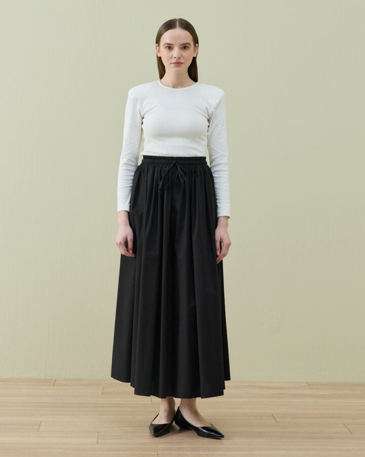 Poplin Lastikli Büzmeli Relax Etek Siyah - Aybikestil (1)