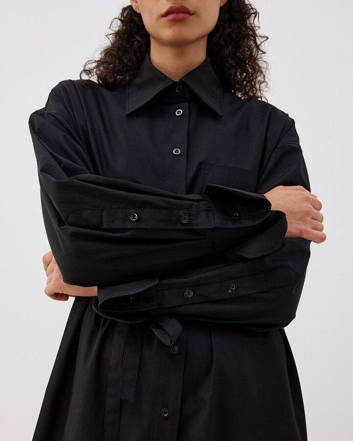 Poplin Oversize Yırtmaçlı Uzun Düğmeli Gömlek Elbise Siyah - Aybikestil (1)