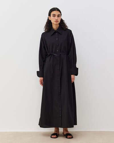 Poplin Oversize Yırtmaçlı Uzun Düğmeli Gömlek Elbise Siyah 