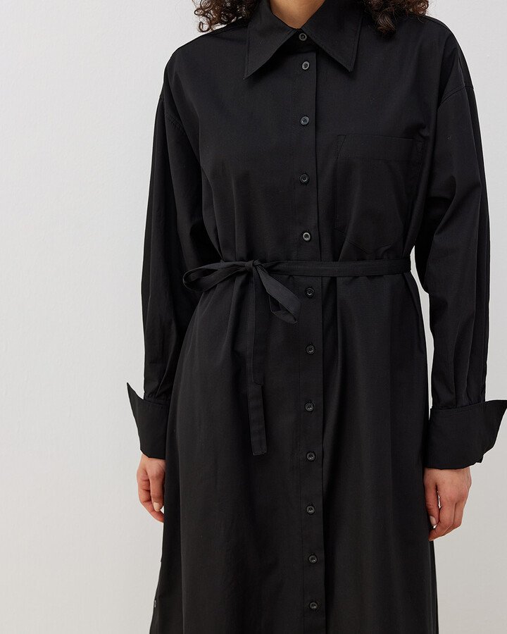 Poplin Oversize Yırtmaçlı Uzun Düğmeli Gömlek Elbise Siyah - Aybikestil (1)