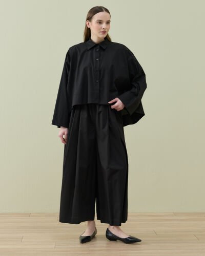 Poplin Pileli Bol Pantolon Etek Siyah - Aybikestil (1)