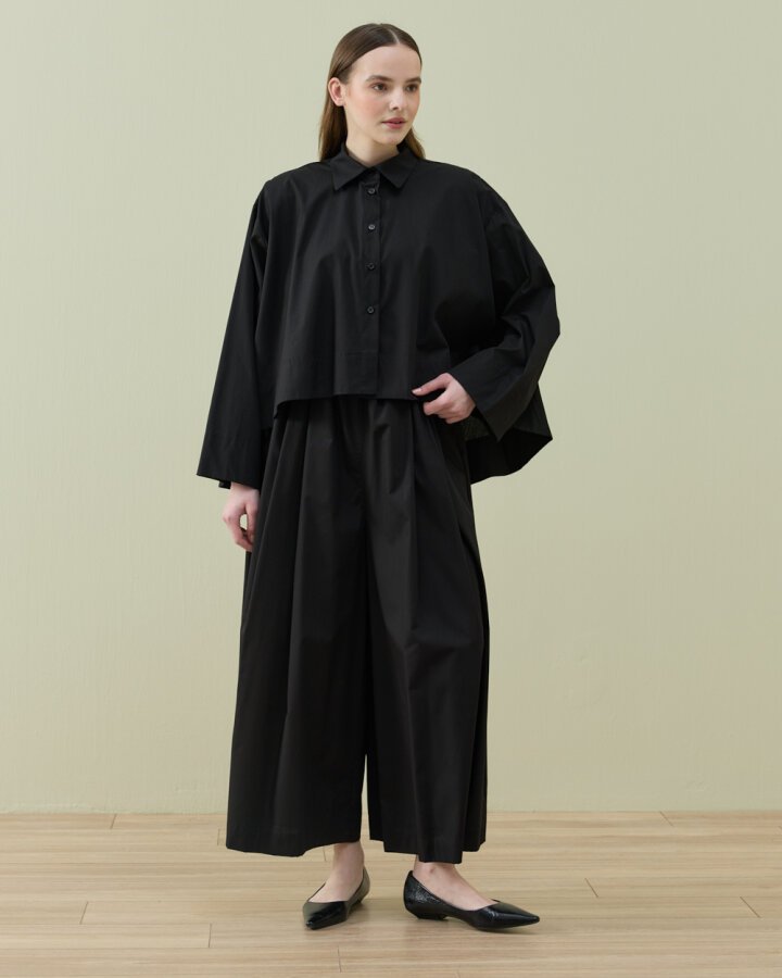 Poplin Pileli Bol Pantolon Etek Siyah - Aybikestil (1)