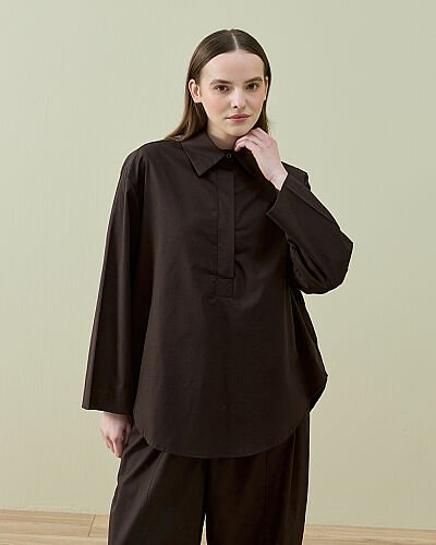 Poplin Polo Yaka Gömlek Kahve 