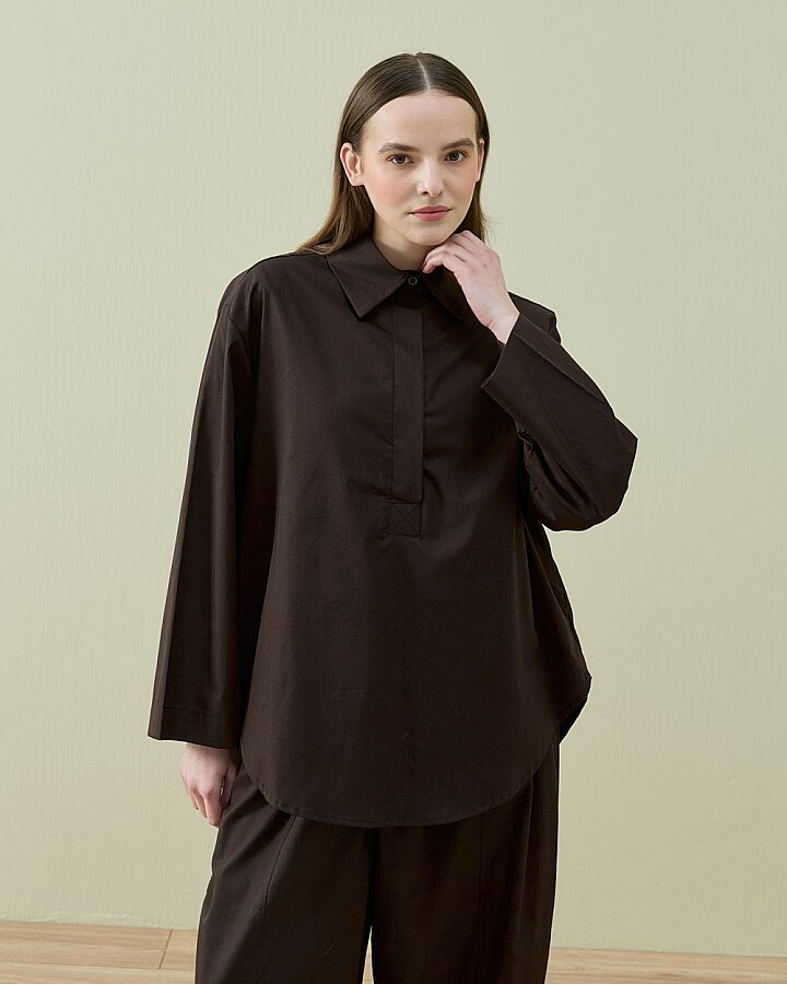 Poplin Polo Yaka Gömlek Kahve - Aybikestil