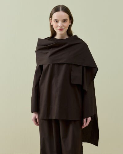 Poplin Seyyar Atkılı Kimono Bluz Kahve 