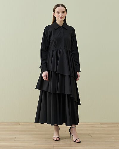 Poplin Üç Katlı Volanlı Elbise Siyah - Aybikestil