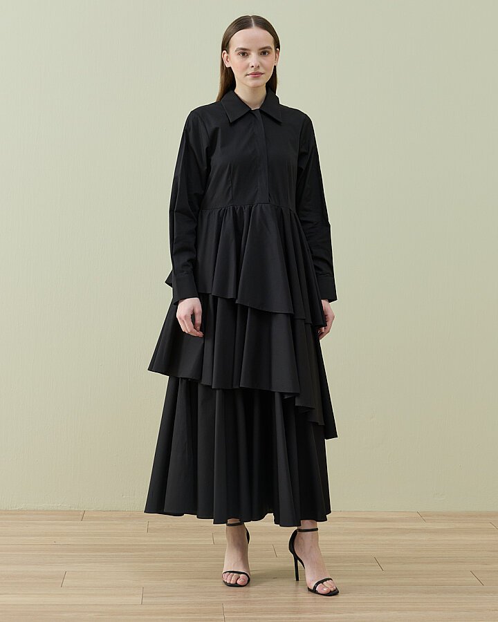 Poplin Üç Katlı Volanlı Elbise Siyah - Aybikestil