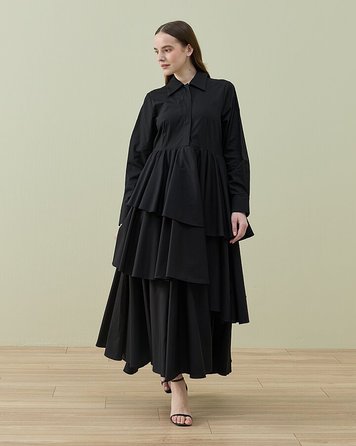 Poplin Üç Katlı Volanlı Elbise Siyah - Aybikestil (1)