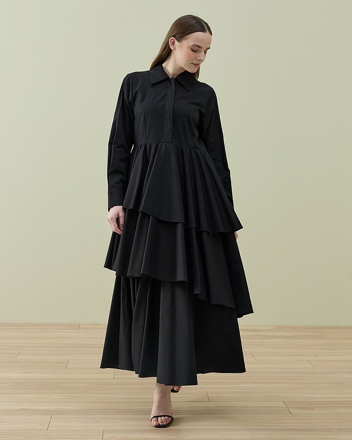 Poplin Üç Katlı Volanlı Elbise Siyah - Aybikestil (1)