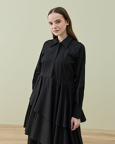 Poplin Üç Katlı Volanlı Elbise Siyah - Aybikestil (1)