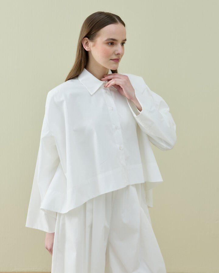 Poplin Volanlı Pervazlı Asimetrik Kesim Gömlek Ekru - Aybikestil (1)