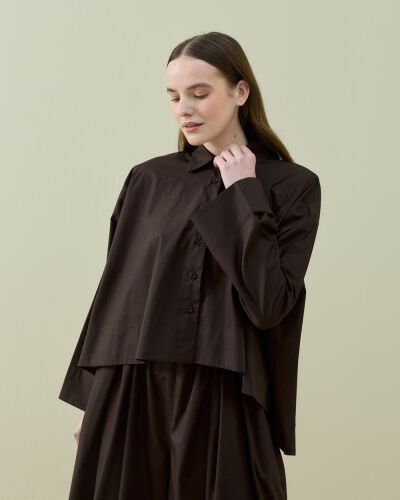 Poplin Volanlı Pervazlı Asimetrik Kesim Gömlek Kahve 