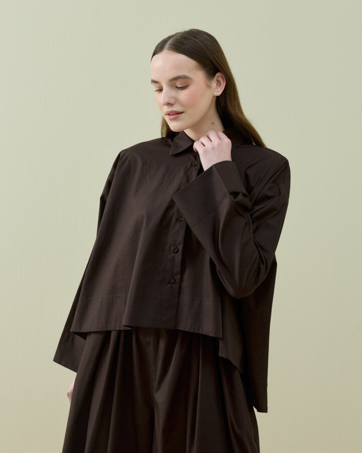 Poplin Volanlı Pervazlı Asimetrik Kesim Gömlek Kahve - Aybikestil