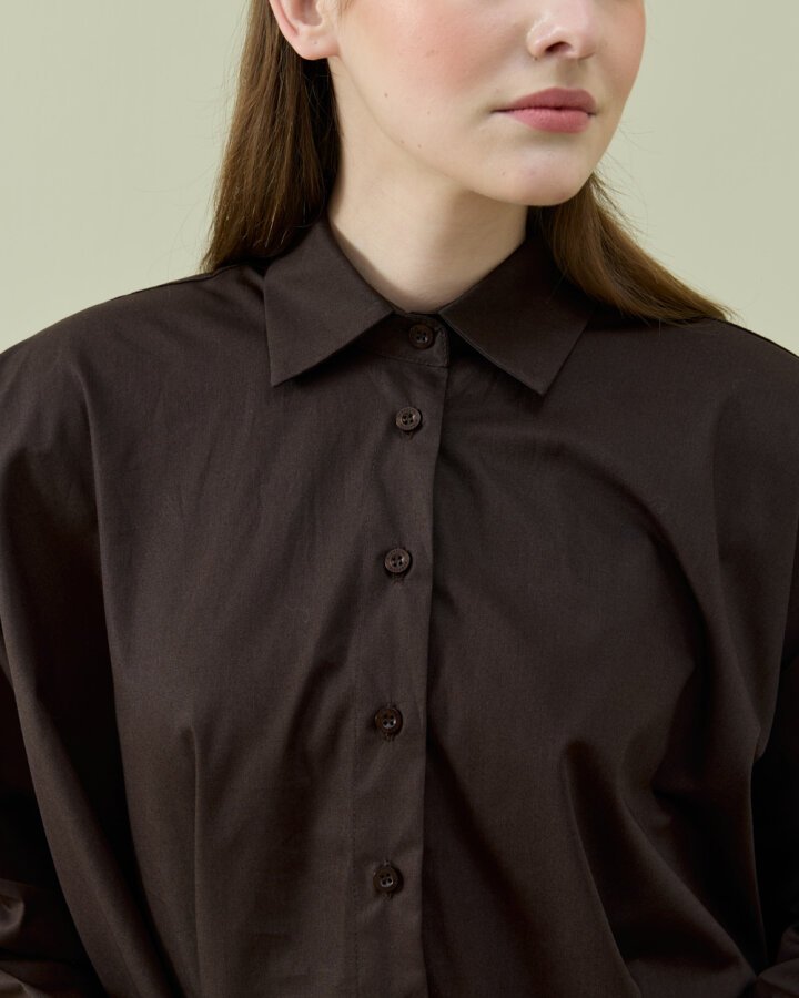 Poplin Volanlı Pervazlı Asimetrik Kesim Gömlek Kahve - Aybikestil (1)