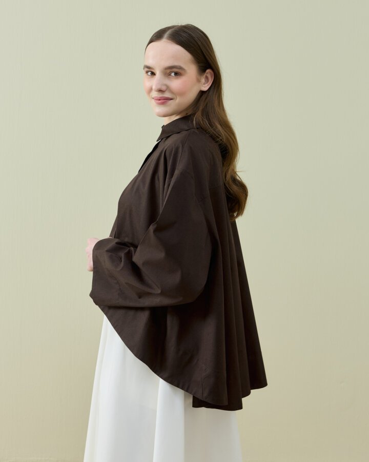 Poplin Volanlı Pervazlı Asimetrik Kesim Gömlek Kahve - Aybikestil (1)