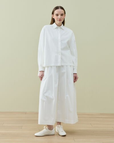 Poplin Yırtmaçlı Arkası Düğmeli Kısa Gömlek Ekru - Aybikestil (1)