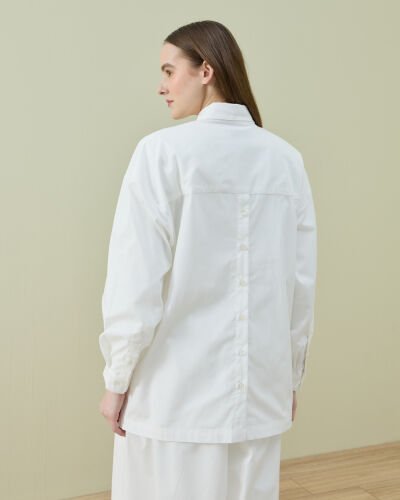 Poplin Yırtmaçlı Arkası Düğmeli Kısa Gömlek Ekru 