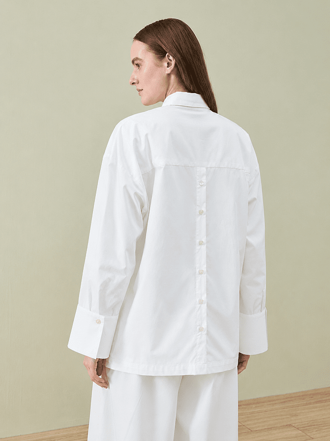 Poplin Yırtmaçlı Arkası Düğmeli Kısa Gömlek Ekru - Aybikestil