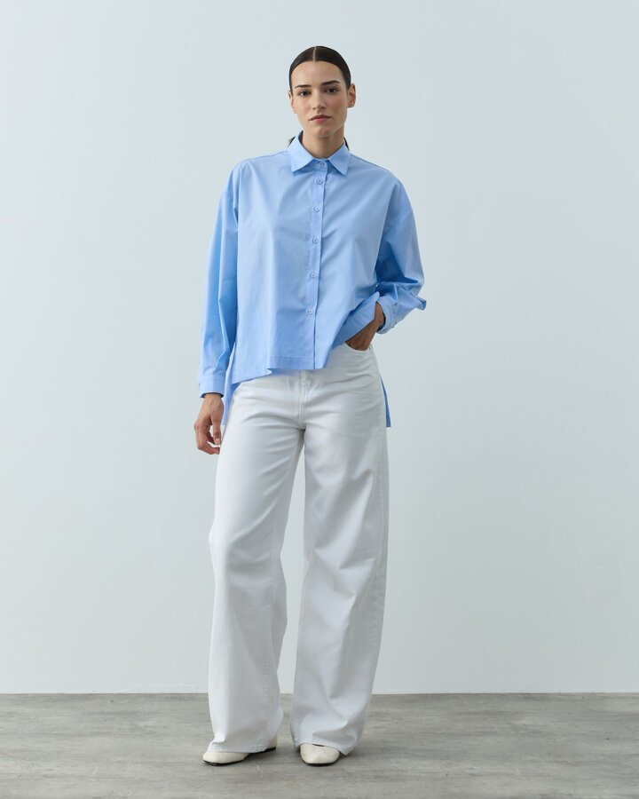 Poplin Yırtmaçlı Kısa Gömlek Mavi - Aybikestil (1)