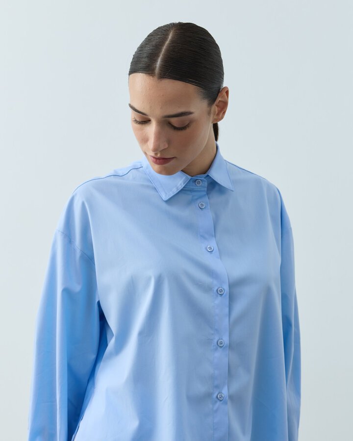 Poplin Yırtmaçlı Kısa Gömlek Mavi - Aybikestil (1)