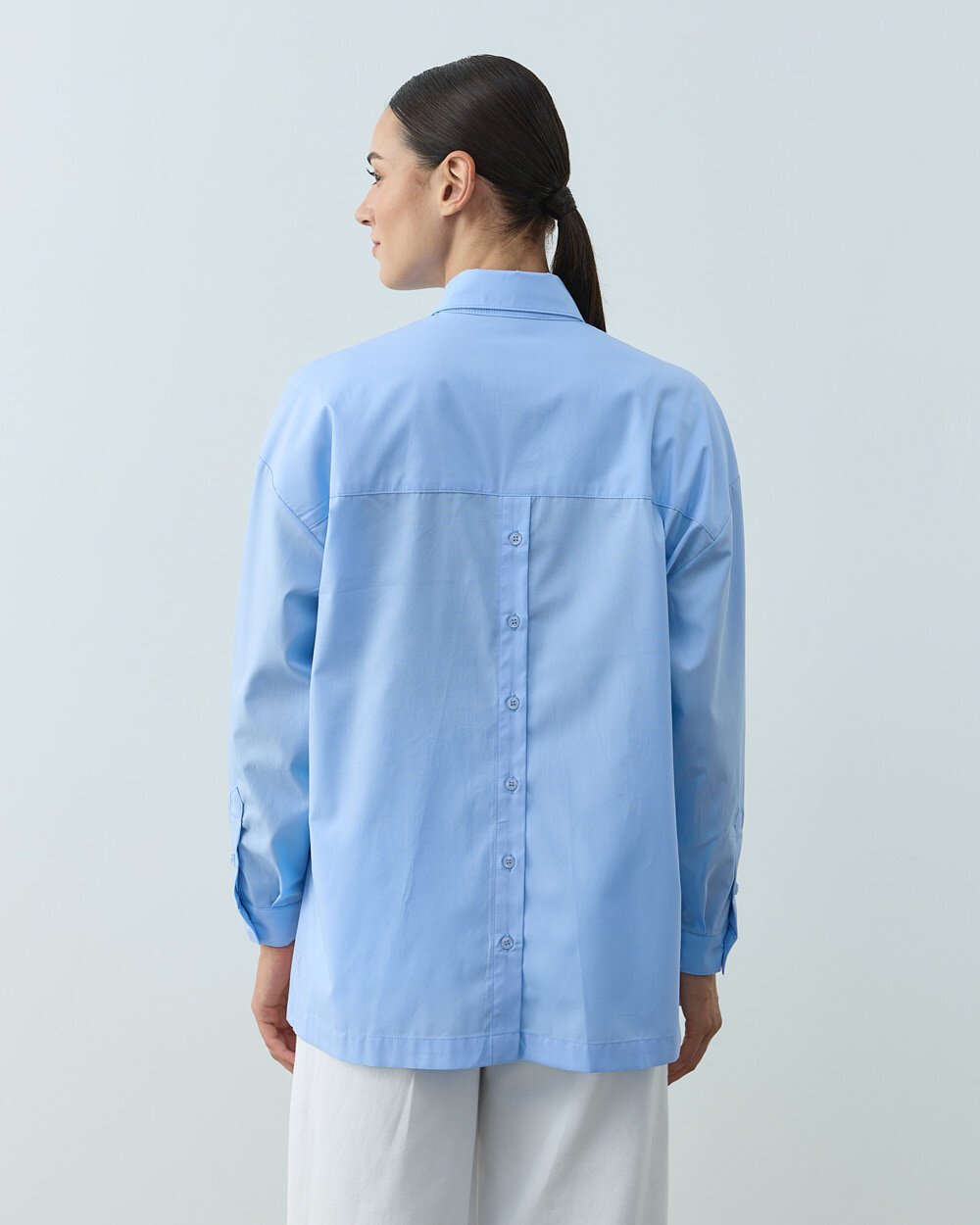 Poplin Yırtmaçlı Kısa Gömlek Mavi - Aybikestil