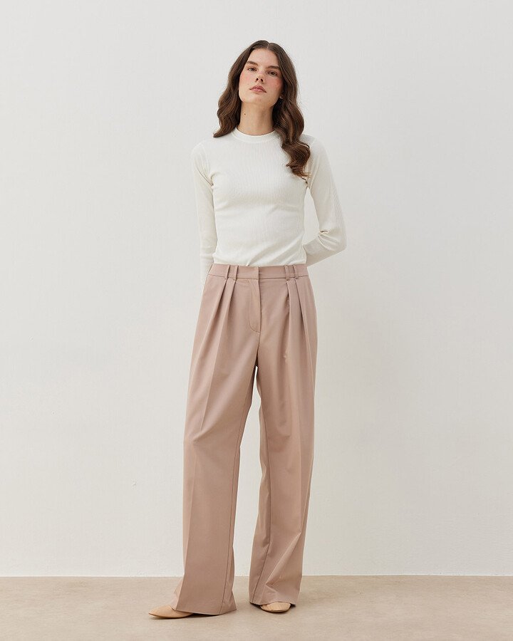 Premium Çift Pileli Palazzo Pantolon Pudra - Aybikestil (1)