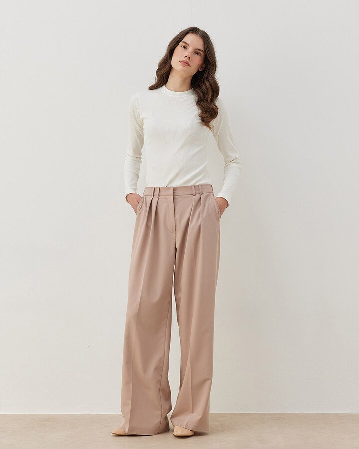 Premium Çift Pileli Palazzo Pantolon Pudra - Aybikestil (1)