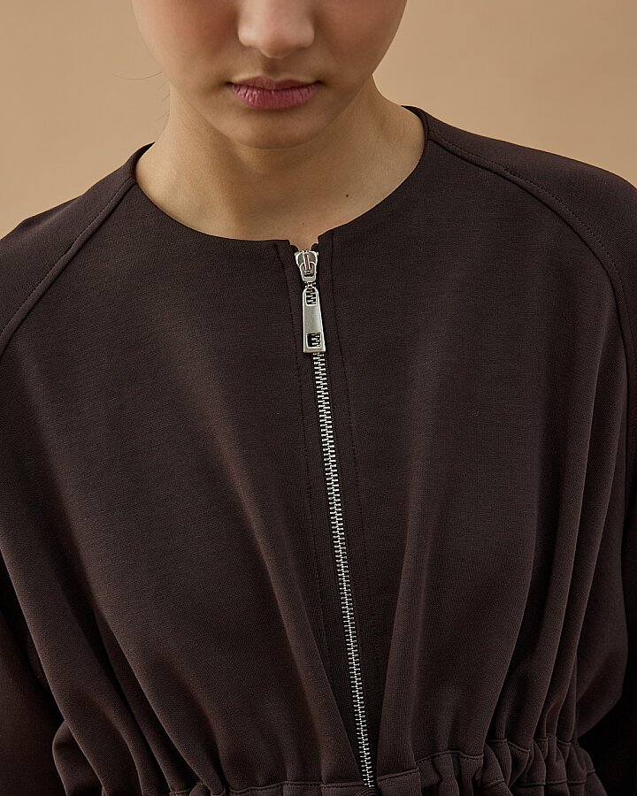 Premium Doubleface Fermuarlı Volanlı Tünelli Ceket Kahve - Aybikestil (1)