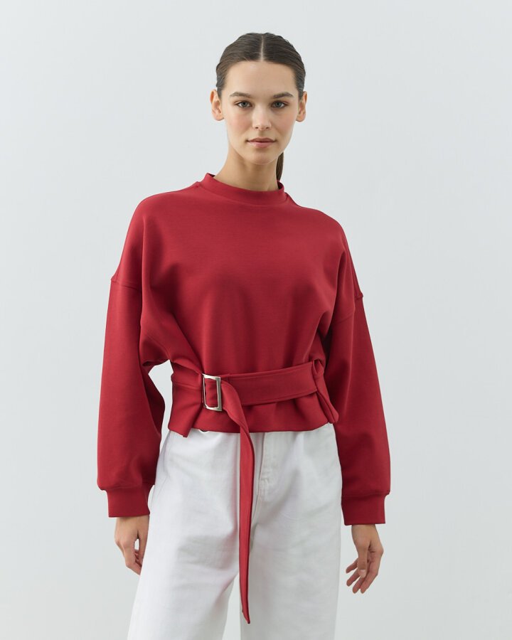 Premium Doubleface Kemerli Mini Sweat Kırmızı - Aybikestil (1)