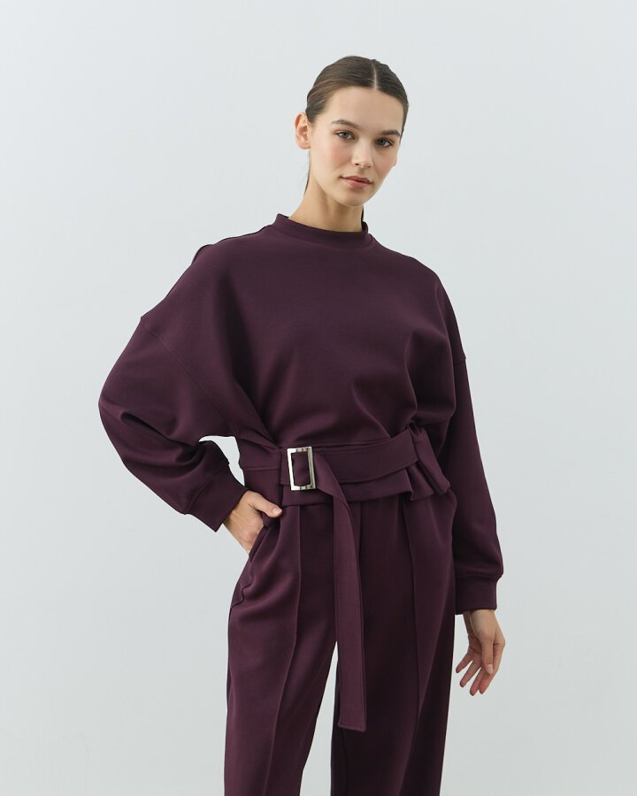 Premium Doubleface Kemerli Mini Sweat Mürdüm