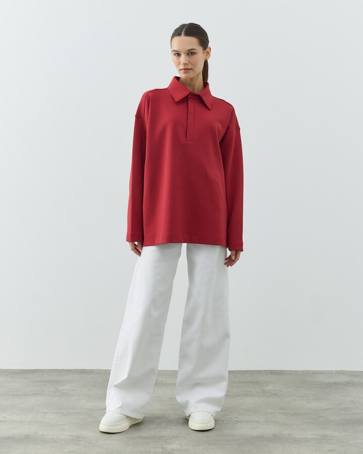 Premium Doubleface Polo Yaka Sweat Kırmızı - Aybikestil (1)