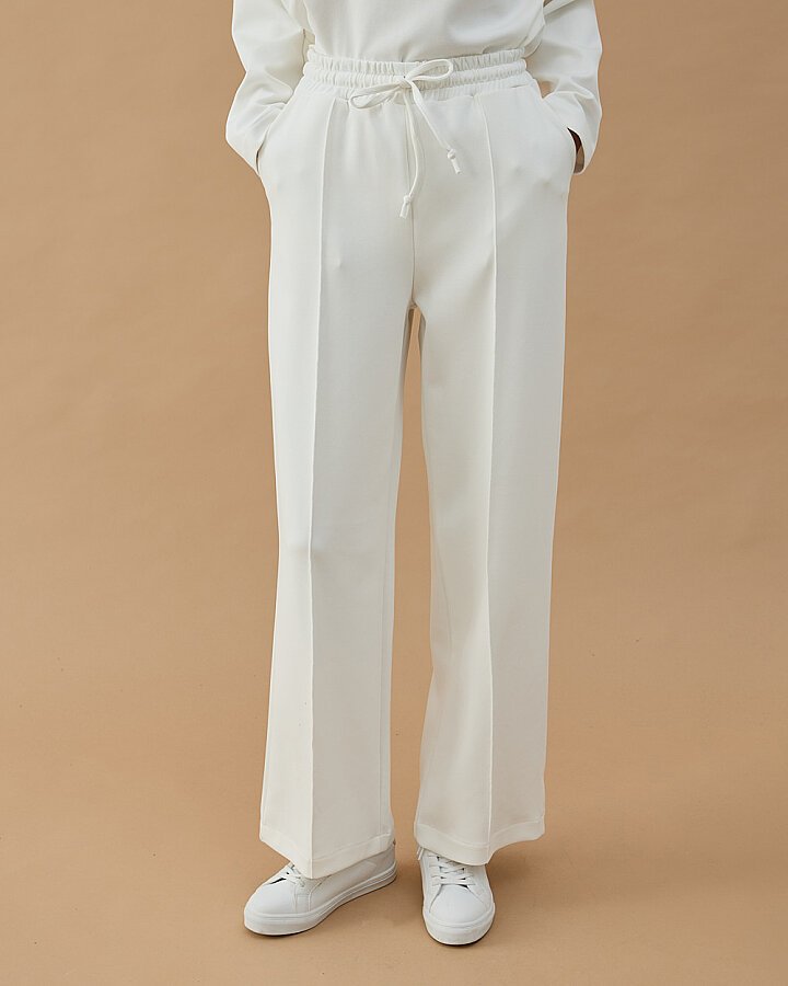 Premium Doubleface Straight Fit Nervürlü Eşofman Altı Ekru - Aybikestil