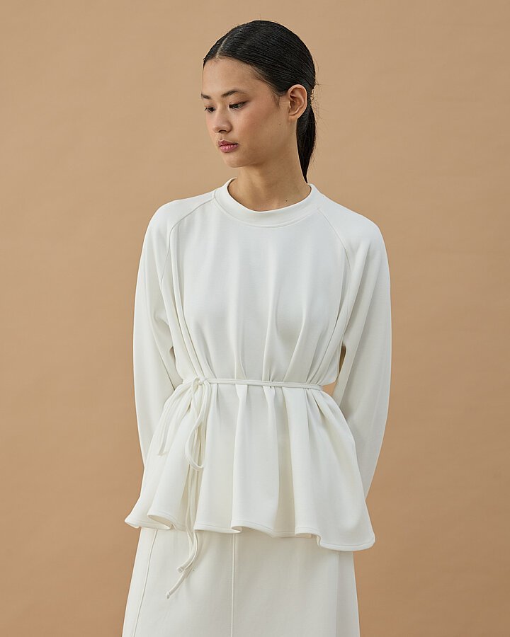 Premium Doubleface Volanlı Kısa Bluz Ekru