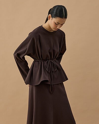 Premium Doubleface Volanlı Kısa Bluz Kahve 