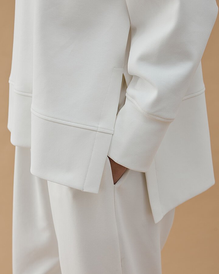 Premium Doubleface Yırtmaçlı Sweat Bluz Ekru - Aybikestil (1)