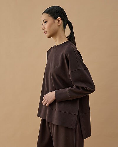 Premium Doubleface Yırtmaçlı Sweat Bluz Kahve 