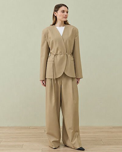 Premium Yakasız Blazer Ceket Camel - Aybikestil (1)