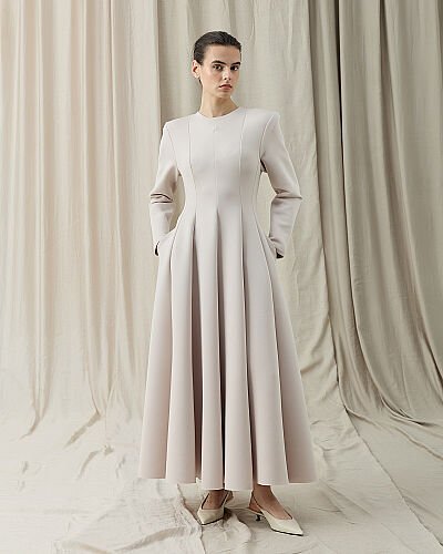 Puf Parçalı Oturan Fit Elbise Bej 